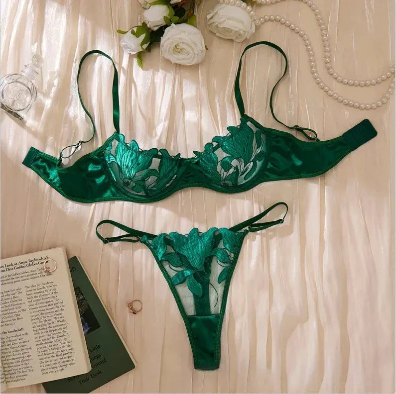 Product Page: Toucheart Embroidery Lace Push-Up Bra Set | Sexy Transparent Thin Lingerie for Women with Erotic Briefs Kit - Maison Novaire
