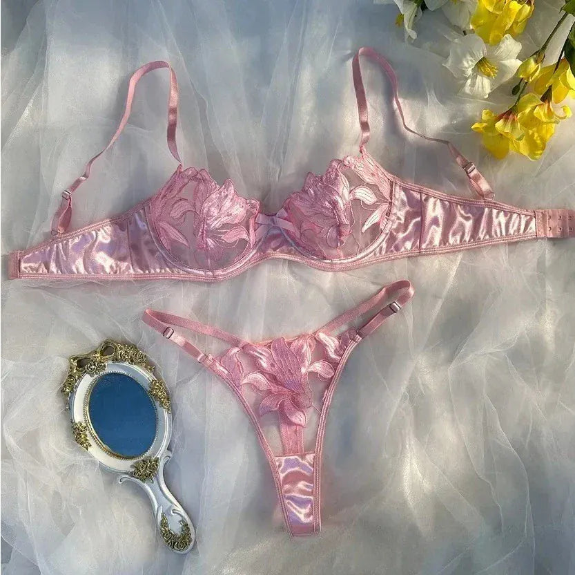 Product Page: Toucheart Embroidery Lace Push-Up Bra Set | Sexy Transparent Thin Lingerie for Women with Erotic Briefs Kit - Maison Novaire