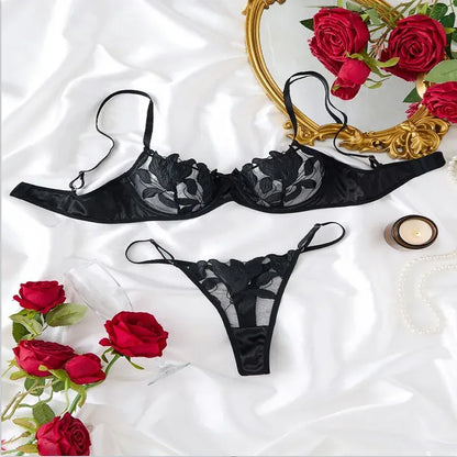 Product Page: Toucheart Embroidery Lace Push-Up Bra Set | Sexy Transparent Thin Lingerie for Women with Erotic Briefs Kit - Maison Novaire