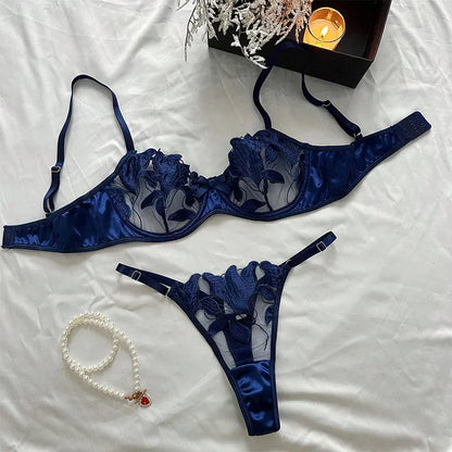 Product Page: Toucheart Embroidery Lace Push-Up Bra Set | Sexy Transparent Thin Lingerie for Women with Erotic Briefs Kit - Maison Novaire