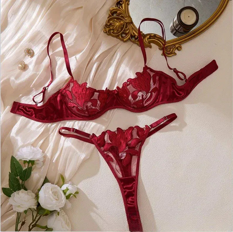 Product Page: Toucheart Embroidery Lace Push-Up Bra Set | Sexy Transparent Thin Lingerie for Women with Erotic Briefs Kit - Maison Novaire