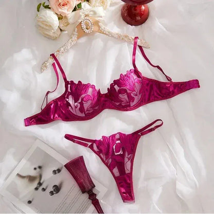 Product Page: Toucheart Embroidery Lace Push-Up Bra Set | Sexy Transparent Thin Lingerie for Women with Erotic Briefs Kit - Maison Novaire