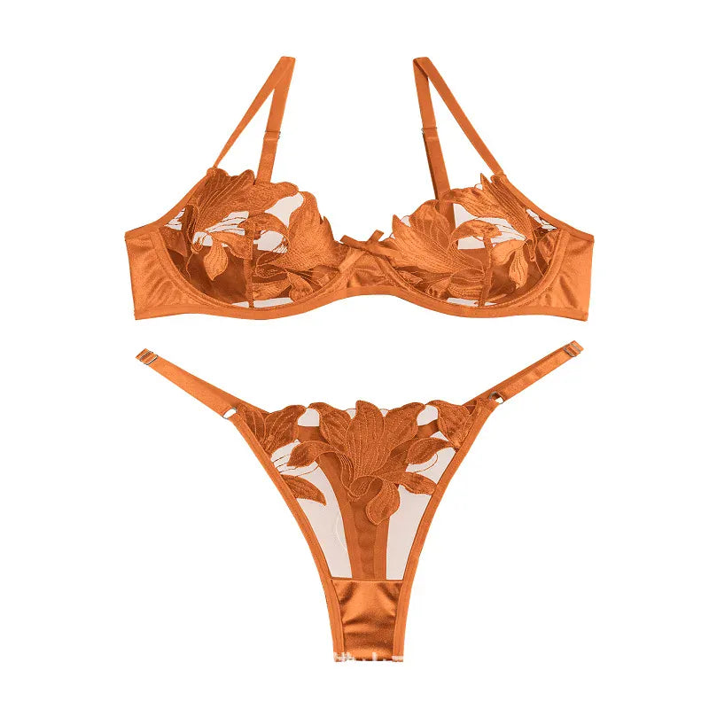 Product Page: Toucheart Embroidery Lace Push-Up Bra Set | Sexy Transparent Thin Lingerie for Women with Erotic Briefs Kit - Maison Novaire