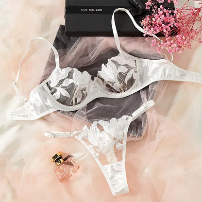 Product Page: Toucheart Embroidery Lace Push-Up Bra Set | Sexy Transparent Thin Lingerie for Women with Erotic Briefs Kit - Maison Novaire