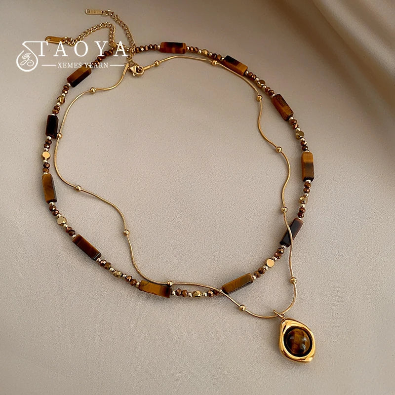 Retro Temperament Layered Tiger Eye Stone Pendant Necklace. - Maison Novaire #