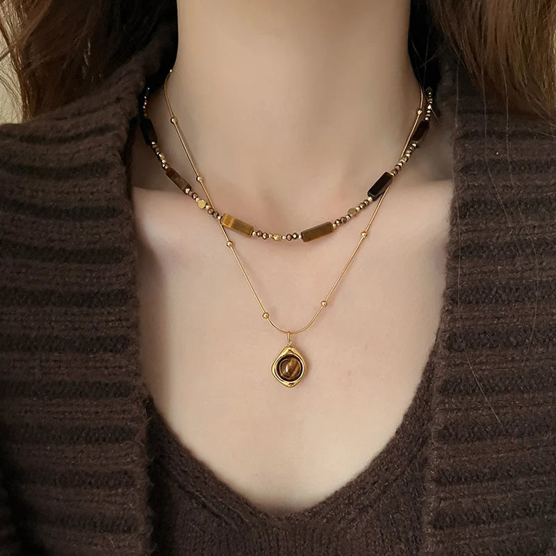 Retro Temperament Layered Tiger Eye Stone Pendant Necklace. - Maison Novaire #
