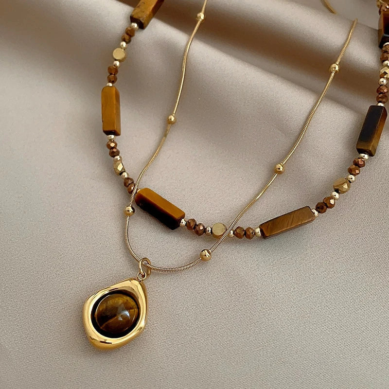 Retro Temperament Layered Tiger Eye Stone Pendant Necklace. - Maison Novaire #