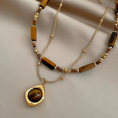 Retro Temperament Layered Tiger Eye Stone Pendant Necklace. - Maison Novaire #