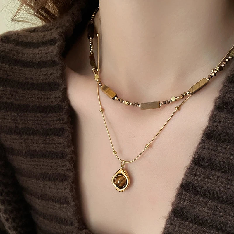 Retro Temperament Layered Tiger Eye Stone Pendant Necklace. - Maison Novaire #