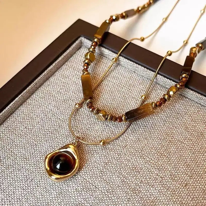 Retro Temperament Layered Tiger Eye Stone Pendant Necklace. - Maison Novaire #