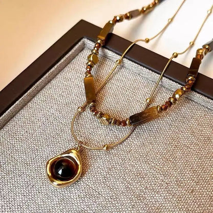 Retro Temperament Layered Tiger Eye Stone Pendant Necklace. - Maison Novaire #