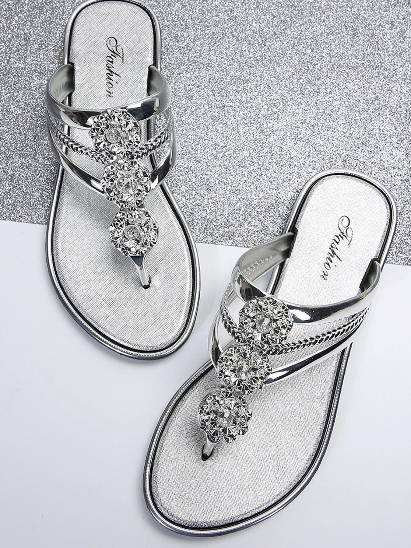 Rhinestone Toe Post Flats Sandals - Maison Novaire #
