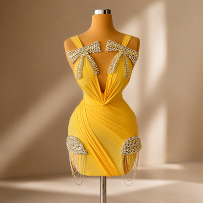 Rhinestone V-Neck Pleated Cocktail Dress | Maison Novaire Collection  - Yellow / Custom made - Maison Novaire