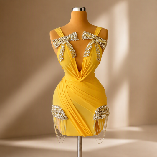 Rhinestone V-Neck Pleated Cocktail Dress | Maison Novaire Collection  - Yellow / Custom made - Maison Novaire