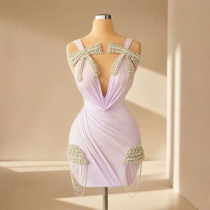 Rhinestone V-Neck Pleated Cocktail Dress | Maison Novaire Collection  - Yellow / Custom made - Maison Novaire