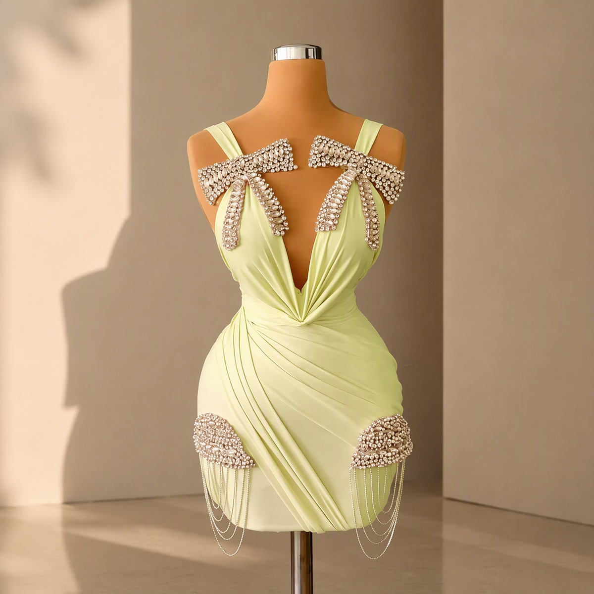 Rhinestone V-Neck Pleated Cocktail Dress | Maison Novaire Collection  - Lemon / Custom made - Maison Novaire