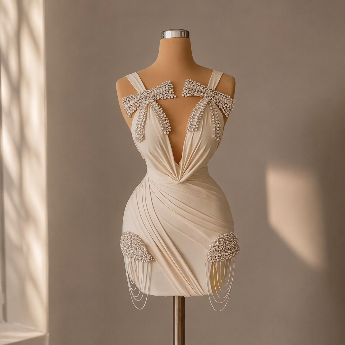 Rhinestone V-Neck Pleated Cocktail Dress | Maison Novaire Collection  - Champagne / Custom made - Maison Novaire