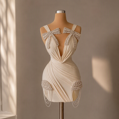 Rhinestone V-Neck Pleated Cocktail Dress | Maison Novaire Collection  - Champagne / Custom made - Maison Novaire