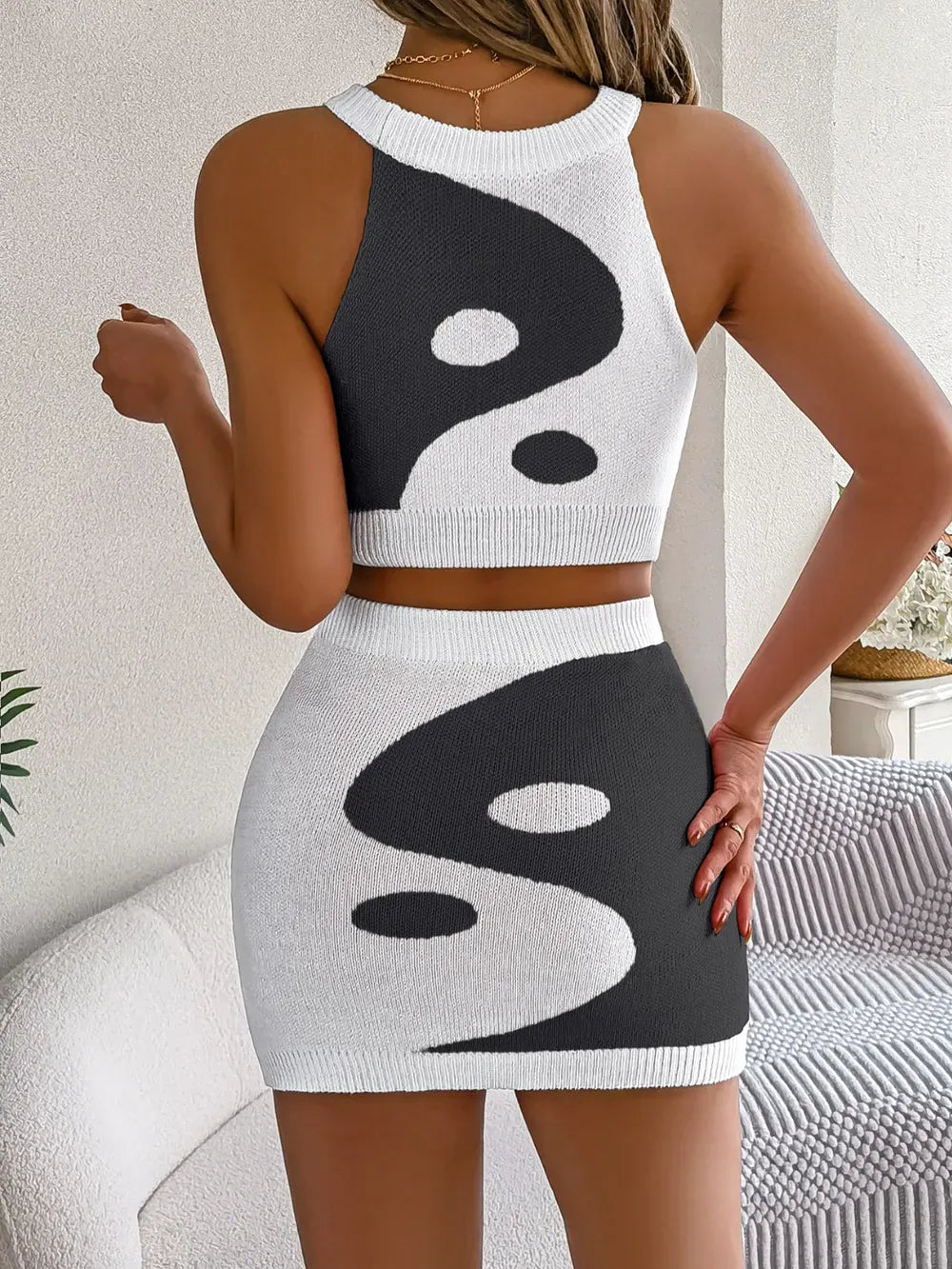 Round Neck Sleeveless Top and Skirt Knit Set - Maison Novaire #