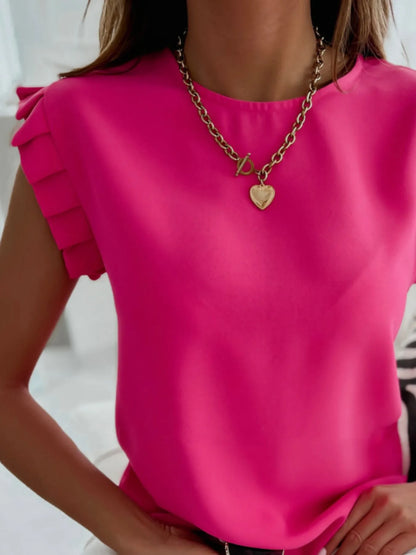 Ruffled Round Neck Cap Sleeve Top. - Maison Novaire #