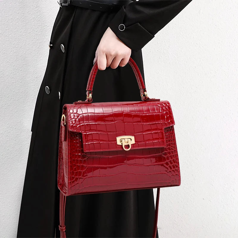 Lacquer Crocodile-Pattern Cowhide Shoulder Bag