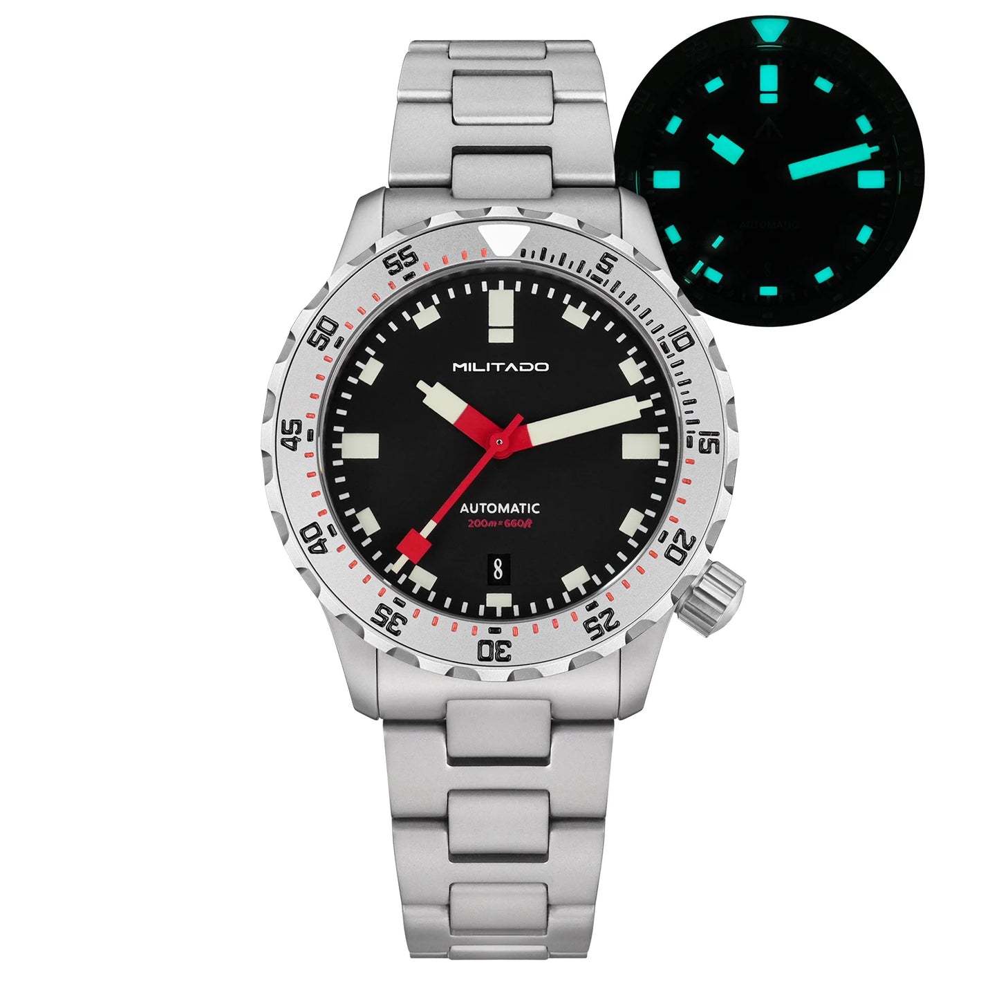 Militado ML20 Automatic Mechanical Watch | 39mm Luxury 200M Dive Watch Sliver Black Date