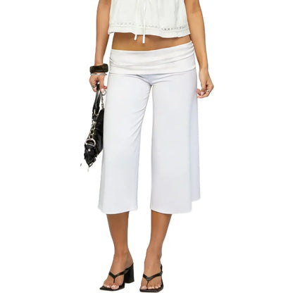 Women Fold Over Gaucho Pants | Low Rise Wide Leg Capri D