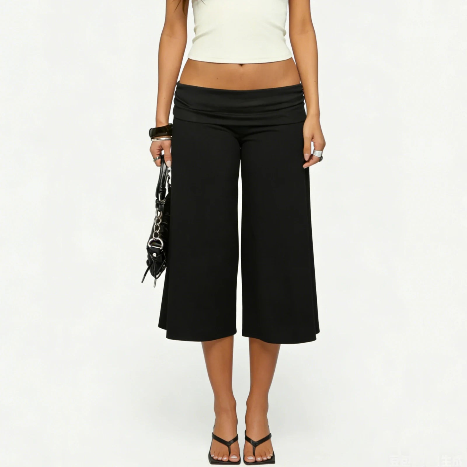 Women Fold Over Gaucho Pants | Low Rise Wide Leg Capri