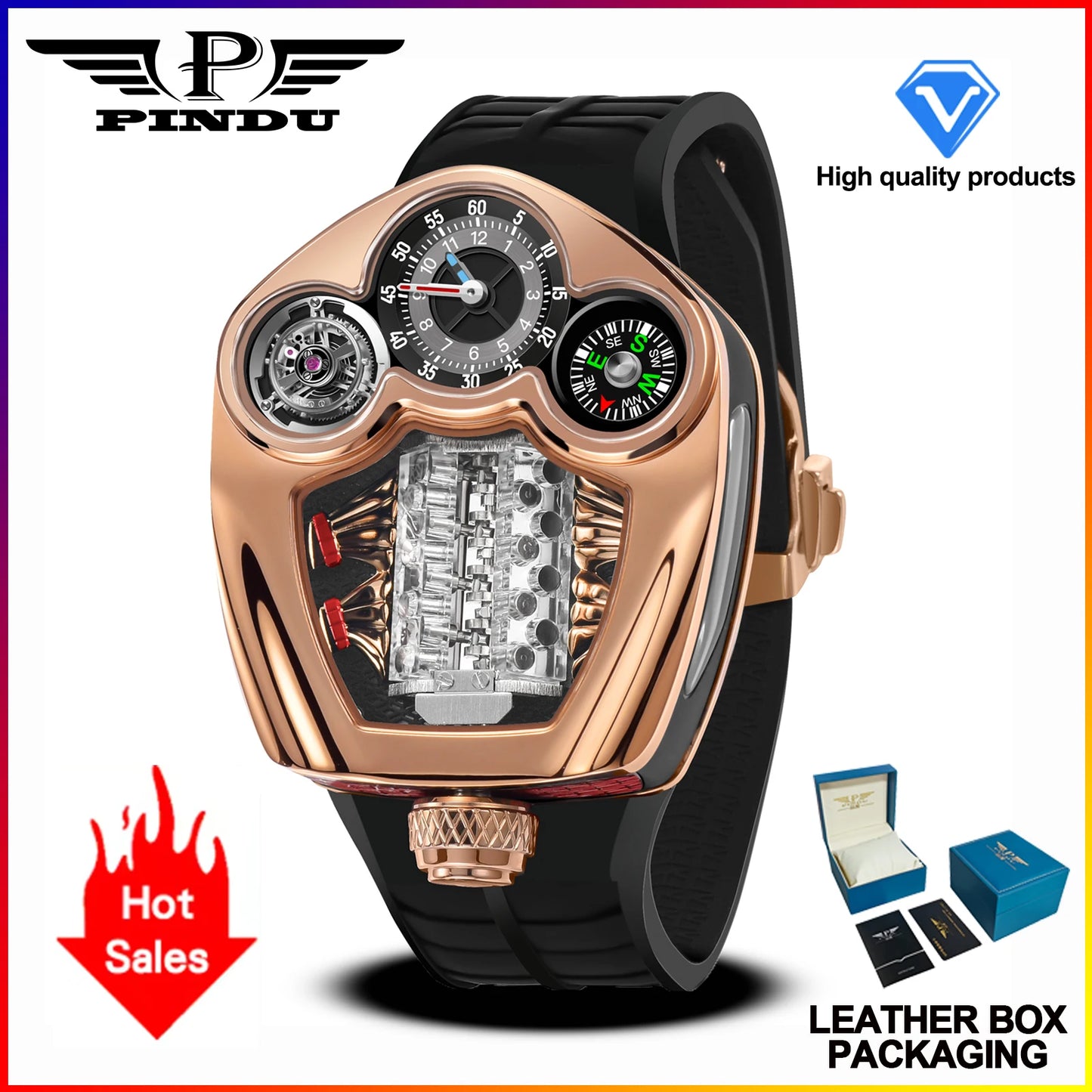 PINDU Engine Series Quartz Watch for Men | Luxury Stainless Steel Compass Watch golden