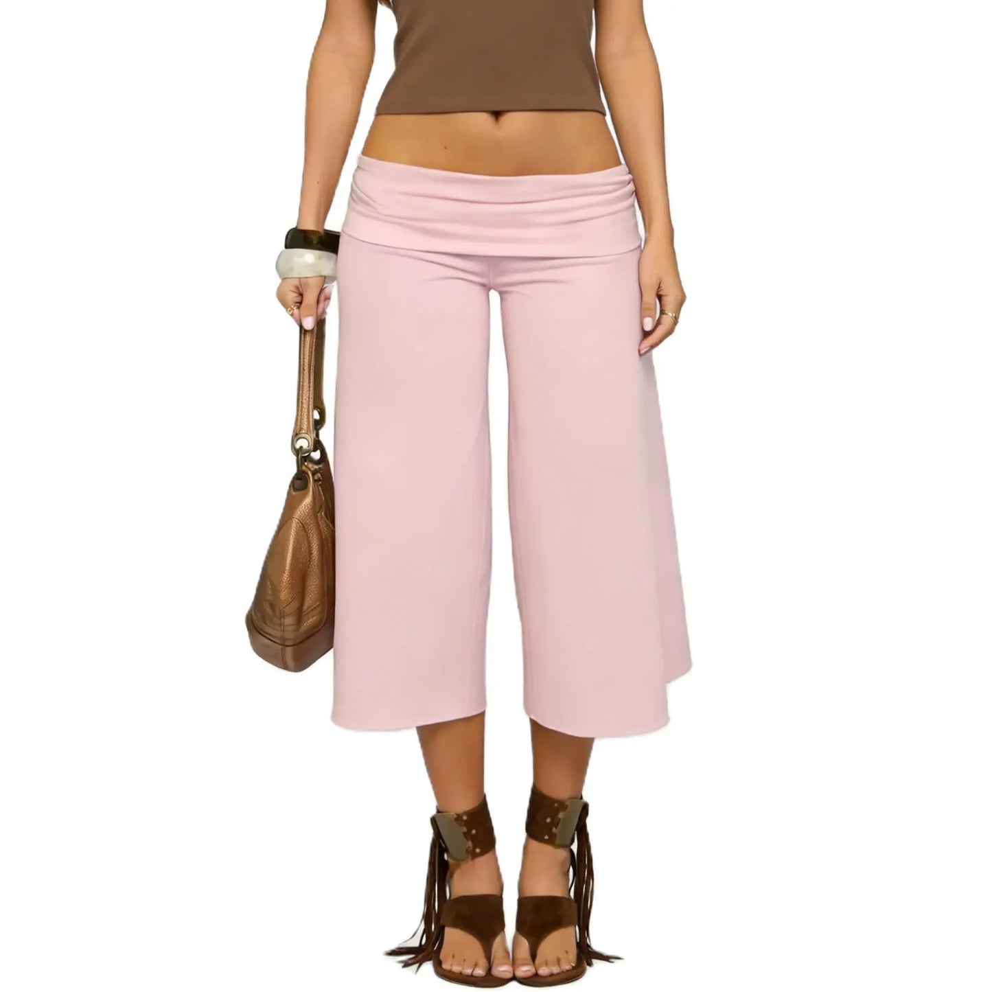 Women Fold Over Gaucho Pants | Low Rise Wide Leg Capri B