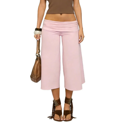 Women Fold Over Gaucho Pants | Low Rise Wide Leg Capri B