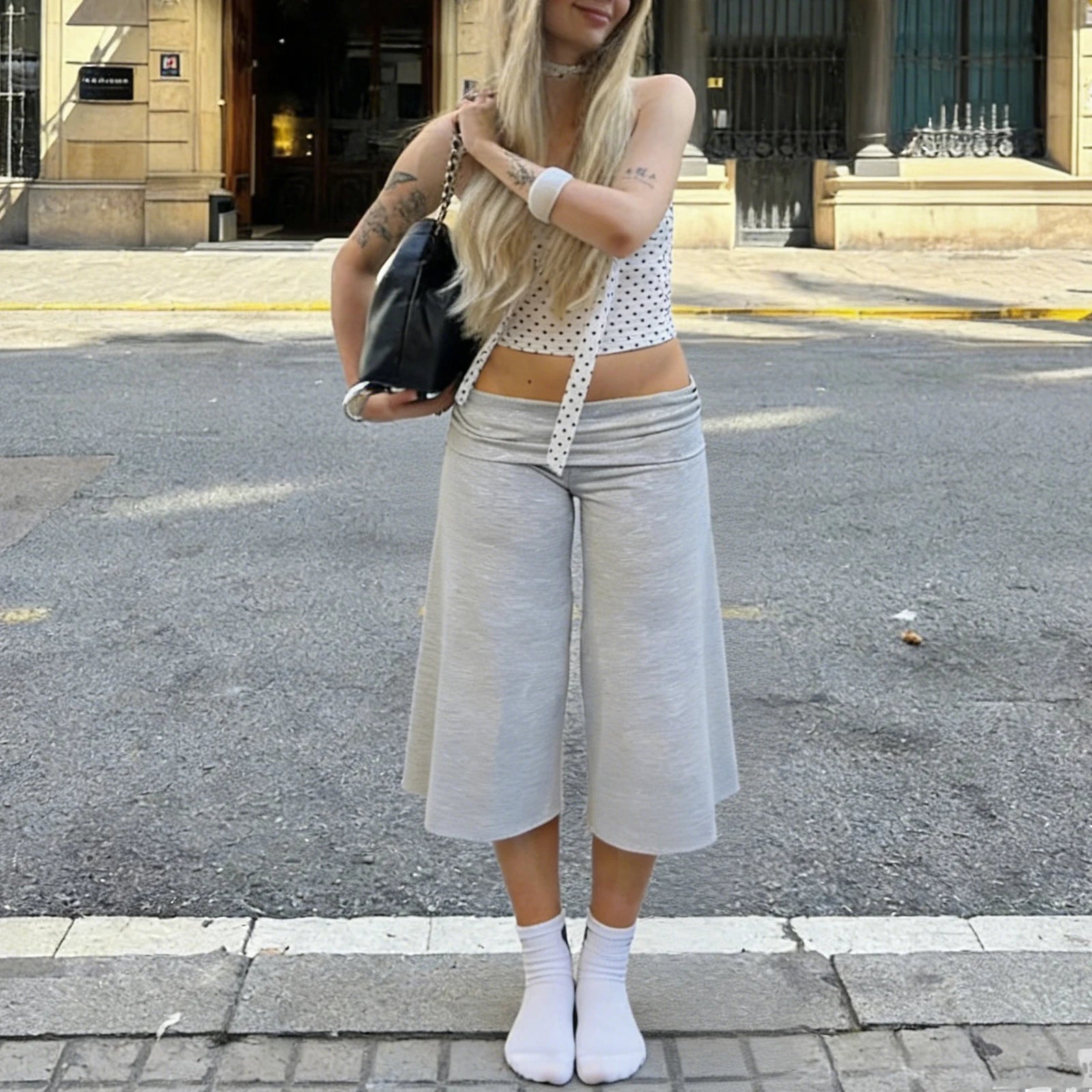 Women Fold Over Gaucho Pants | Low Rise Wide Leg Capri