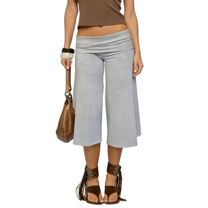 Women Fold Over Gaucho Pants | Low Rise Wide Leg Capri A