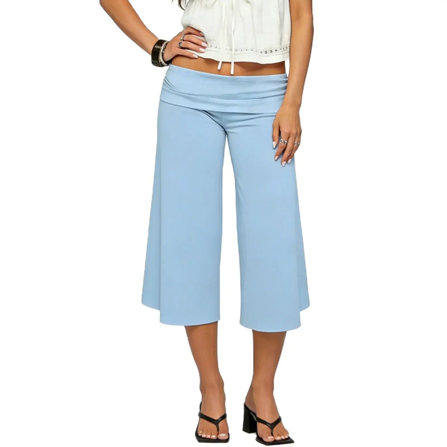 Women Fold Over Gaucho Pants | Low Rise Wide Leg Capri C