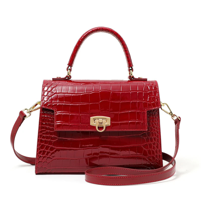 Lacquer Crocodile-Pattern Cowhide Shoulder Bag