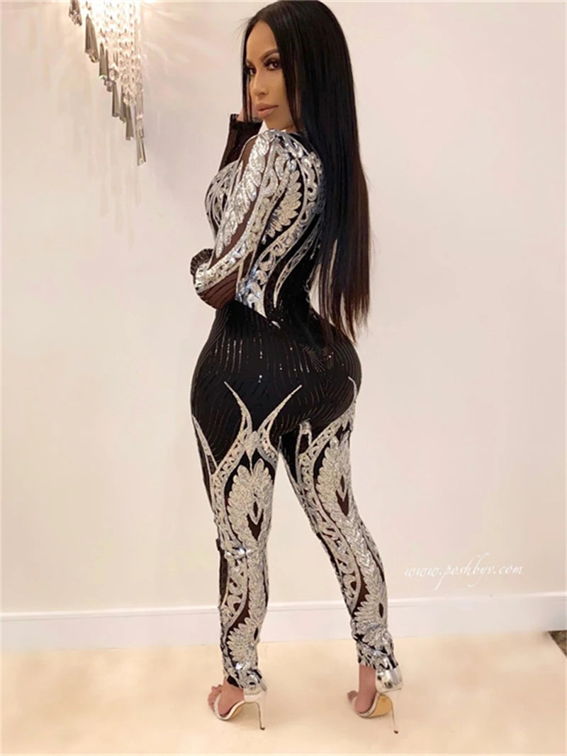 See through Sequin Long Sleeve Jumpsuit. - Maison Novaire