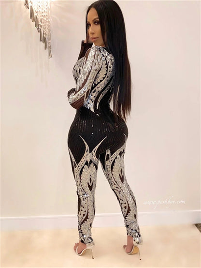 See through Sequin Long Sleeve Jumpsuit. - Maison Novaire