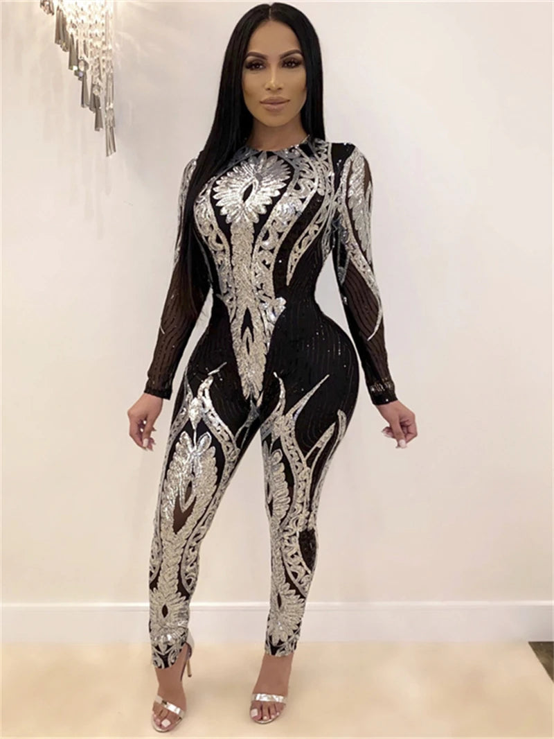 See through Sequin Long Sleeve Jumpsuit. - Maison Novaire