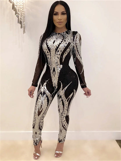 See through Sequin Long Sleeve Jumpsuit. - Maison Novaire