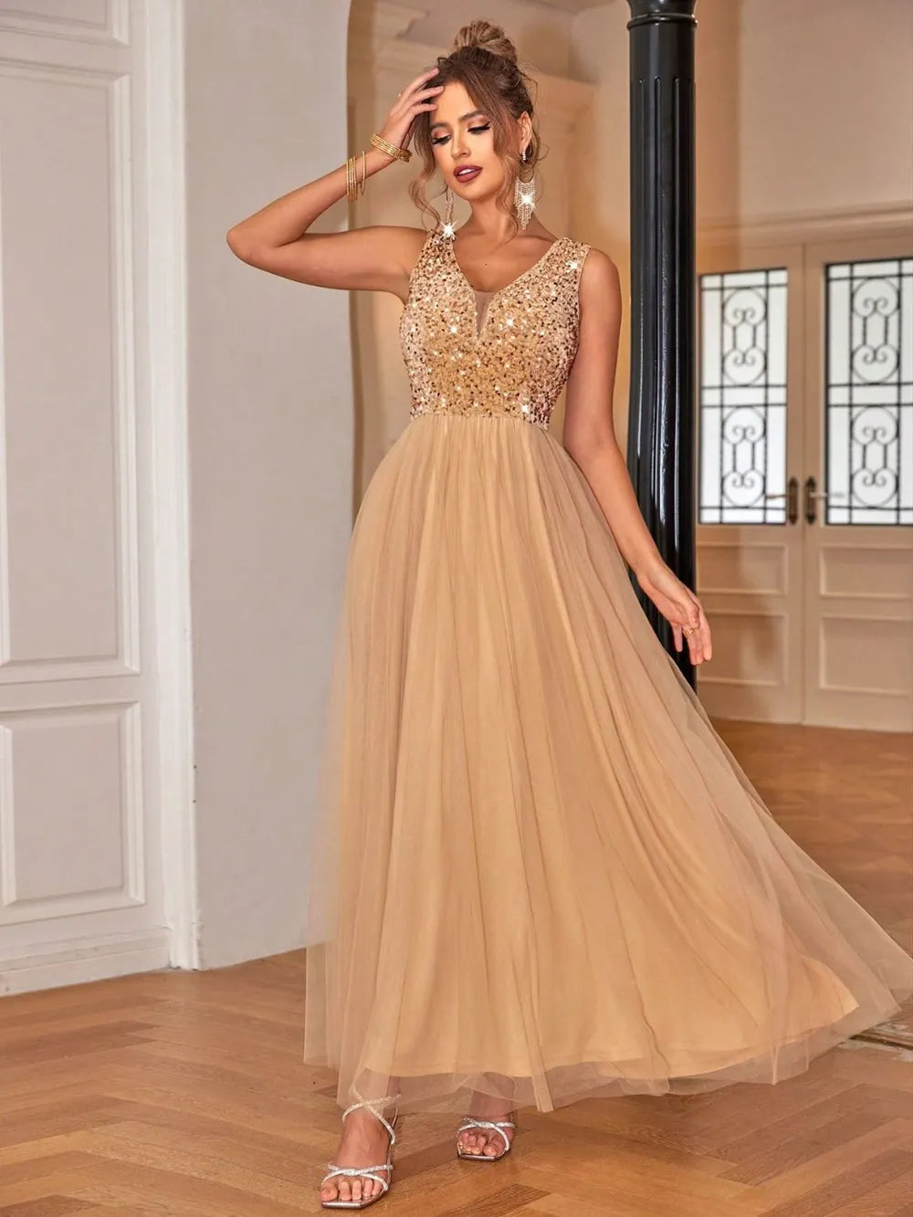 Sequin V-Neck Sleeveless Dress. - Maison Novaire