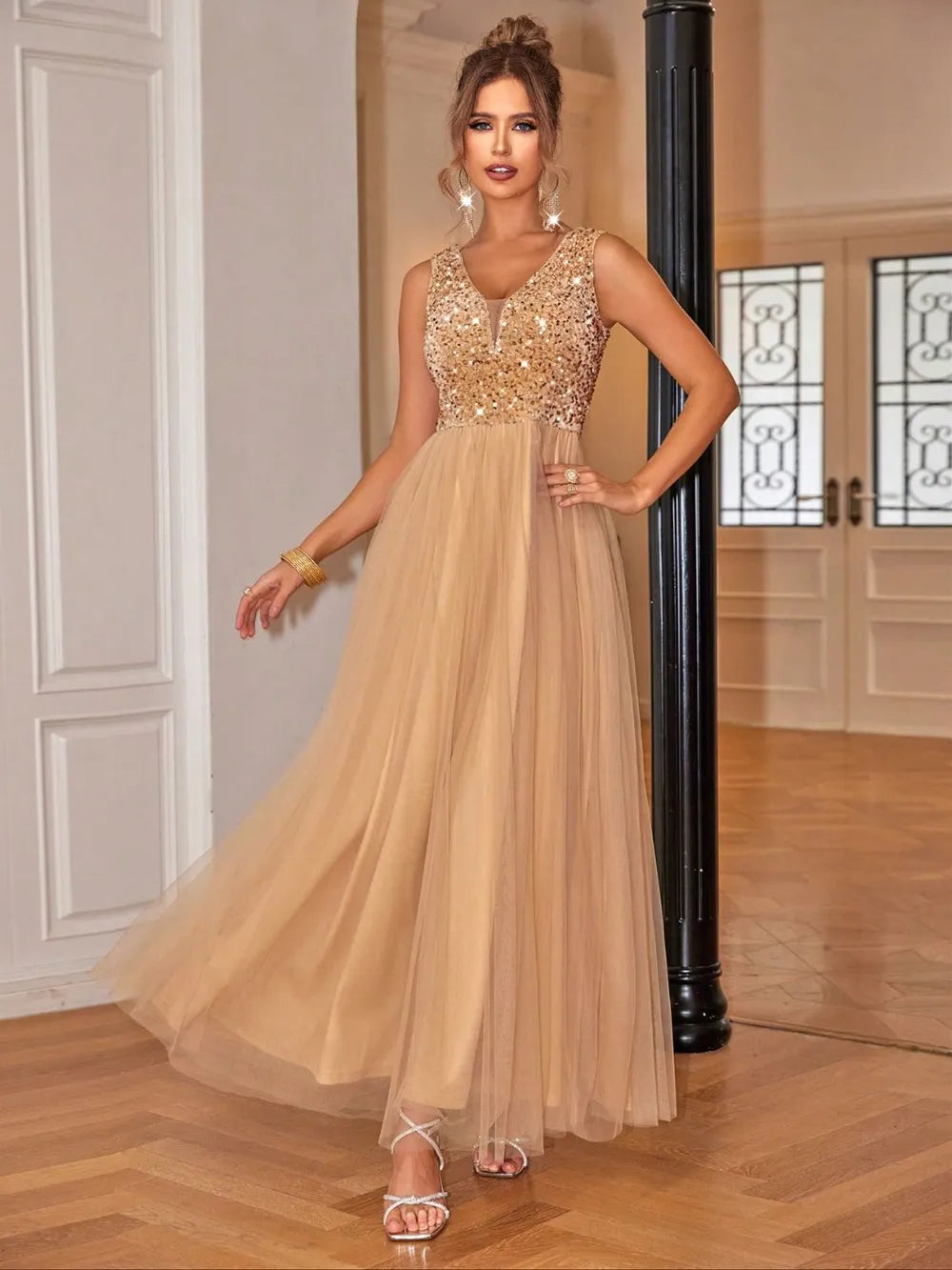 Sequin V-Neck Sleeveless Dress. - Maison Novaire