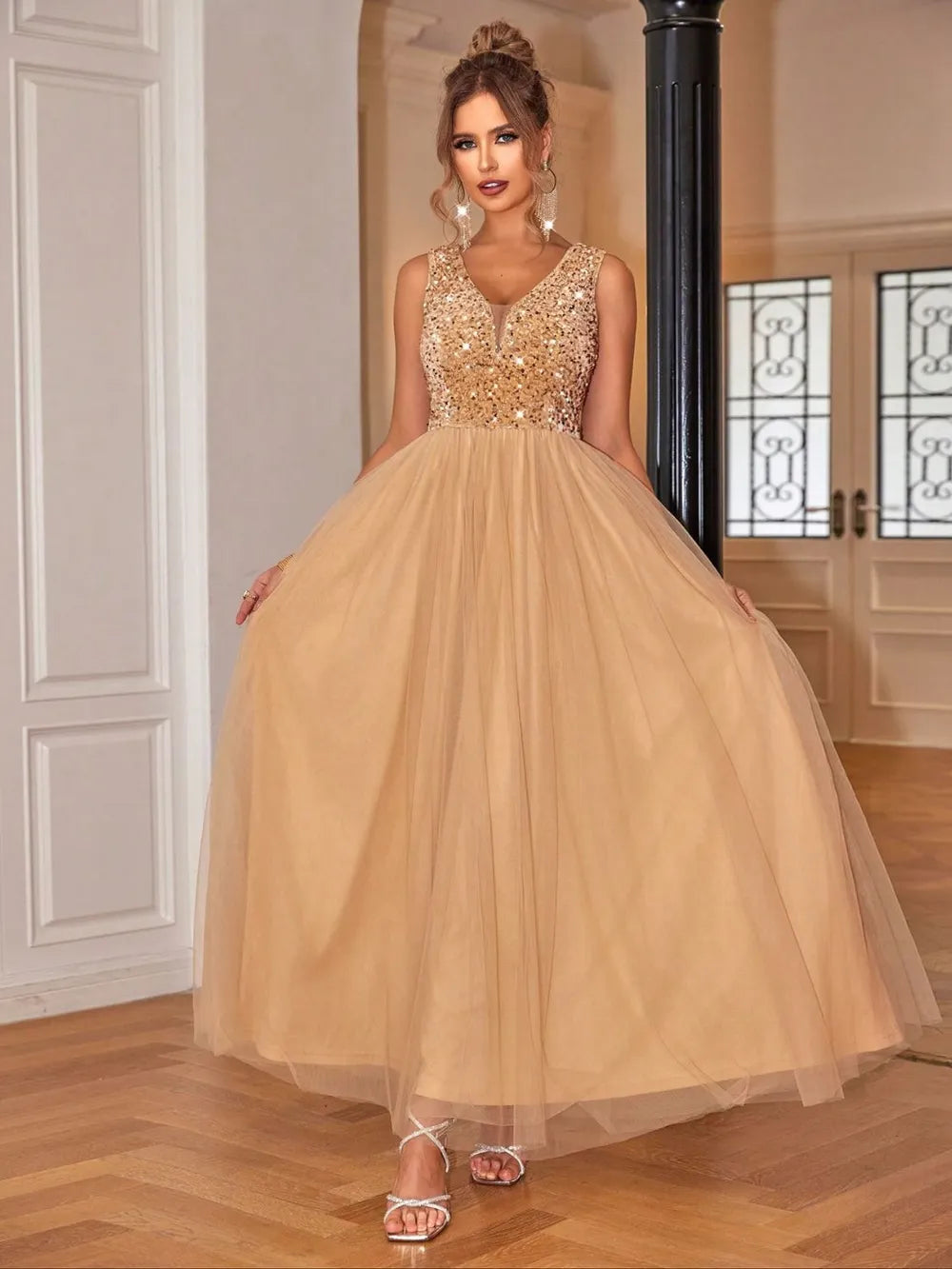 Sequin V-Neck Sleeveless Dress. - Maison Novaire
