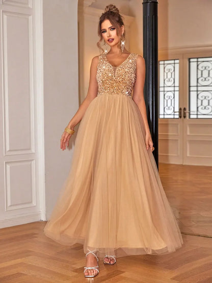 Sequin V-Neck Sleeveless Dress. - Maison Novaire