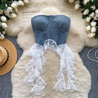 Sexy Spliced Lace Crop Top | Korean Corset Bustier Tank