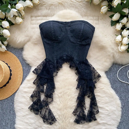 Sexy Spliced Lace Crop Top | Korean Corset Bustier Tank black One Size