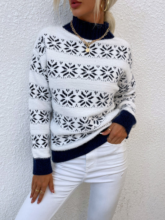 Snowflake Pattern Mock Neck Sweater. - Maison Novaire