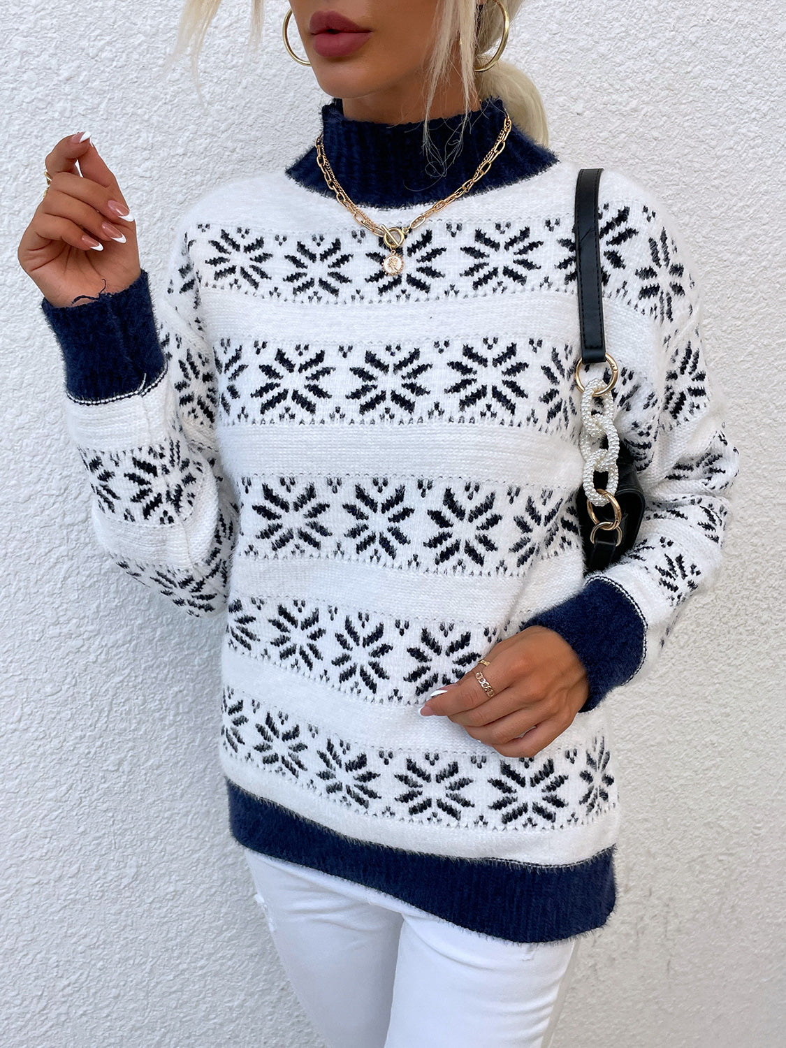 Snowflake Pattern Mock Neck Sweater. - Maison Novaire