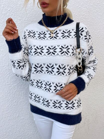 Snowflake Pattern Mock Neck Sweater. - Maison Novaire