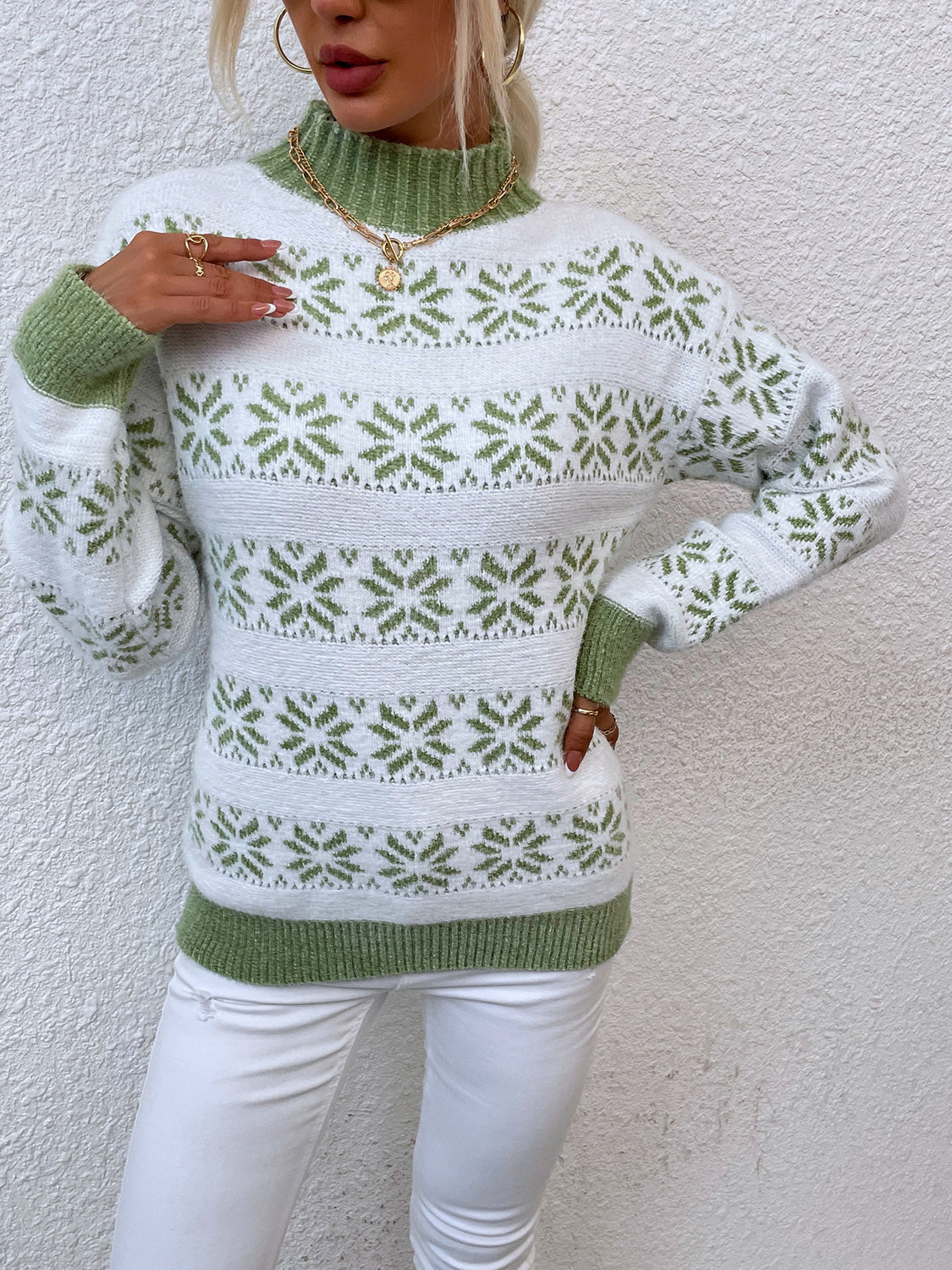 Snowflake Pattern Mock Neck Sweater. - Maison Novaire