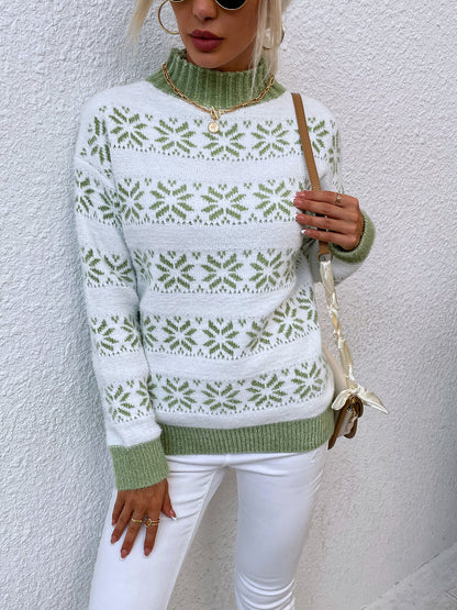 Snowflake Pattern Mock Neck Sweater. - Maison Novaire